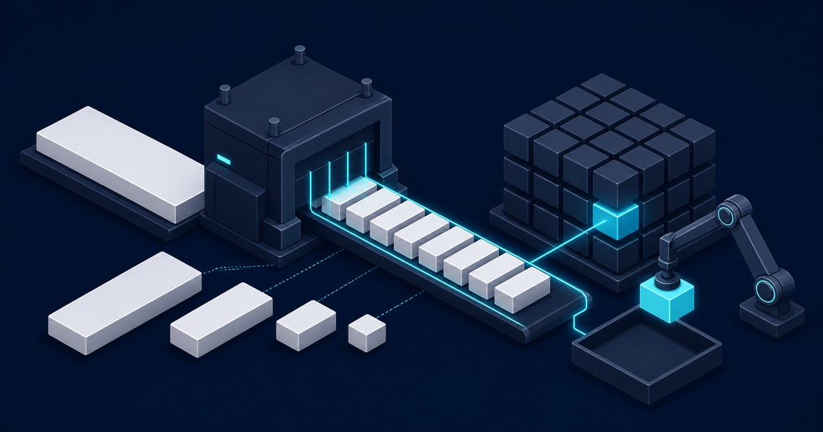 A machine slices a long white bar into progressively smaller cubes on a glowing conveyor, feeding a organized grid stacked beside a robotic arm placing one teal cube into a bin, evoking document chunking.