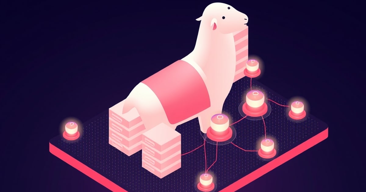 Isometric white llama standing over stacked document blocks on a dark board, linked to glowing nodes that stand for indexed retrieval