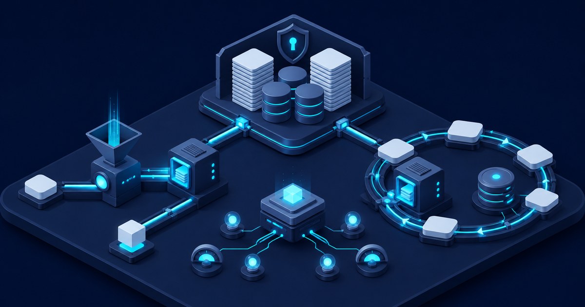 Isometric network of databases, servers, a security shield, and connected nodes visualizing production AI query architecture.