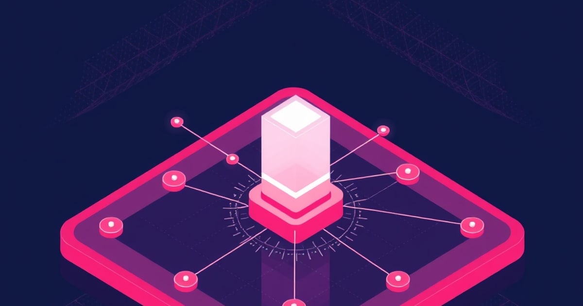 Flat isometric illustration of a glowing white-pink prism on a pink pedestal at the centre of a magenta rounded platform ringed by linked node discs.