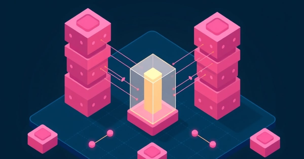 Flat isometric illustration of two pink cube stacks flanking a glass case holding a glowing amber column, arrows pointing inward across a teal grid platform.