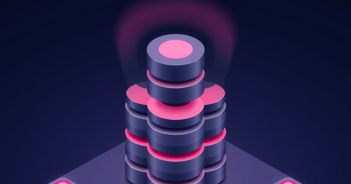 Stacked dark cylindrical database disks with glowing pink layers on a purple platform, evoking a vector store index powering a RAG pipeline