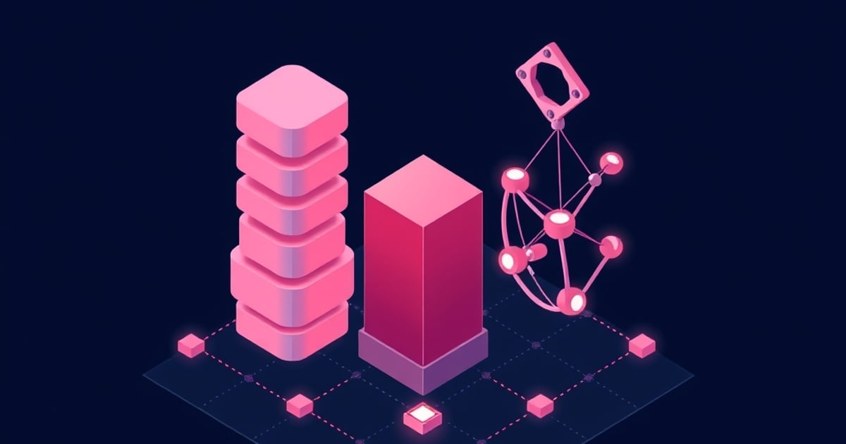 Flat isometric illustration of a pink stacked-disc tower, a solid magenta block and a glowing pink node graph side by side on a dashed dark grid.